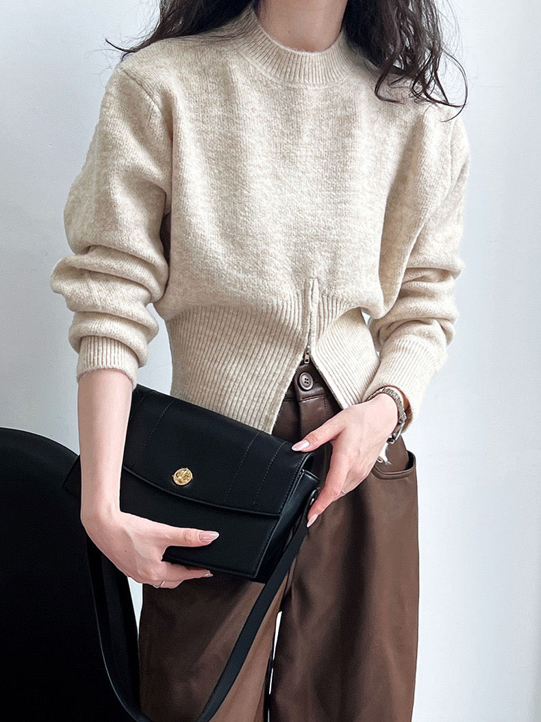 Crew Neck Zipper Design Sweater