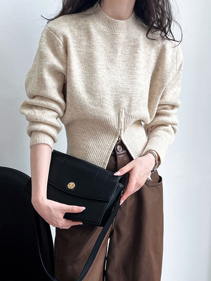 Crew Neck Zipper Design Sweater