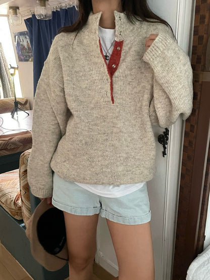 Retro Stand Collar Concealed Button Casual Sweater