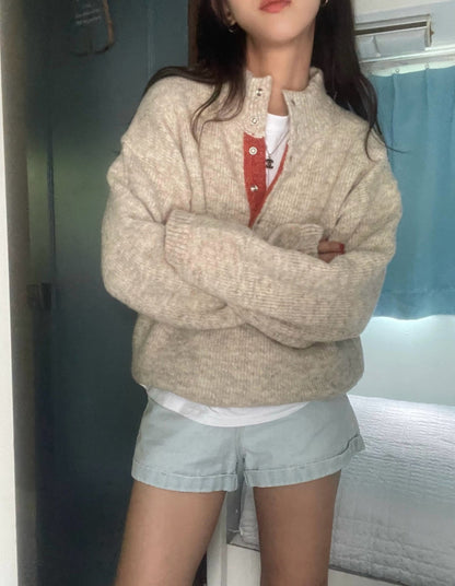 Retro Stand Collar Concealed Button Casual Sweater