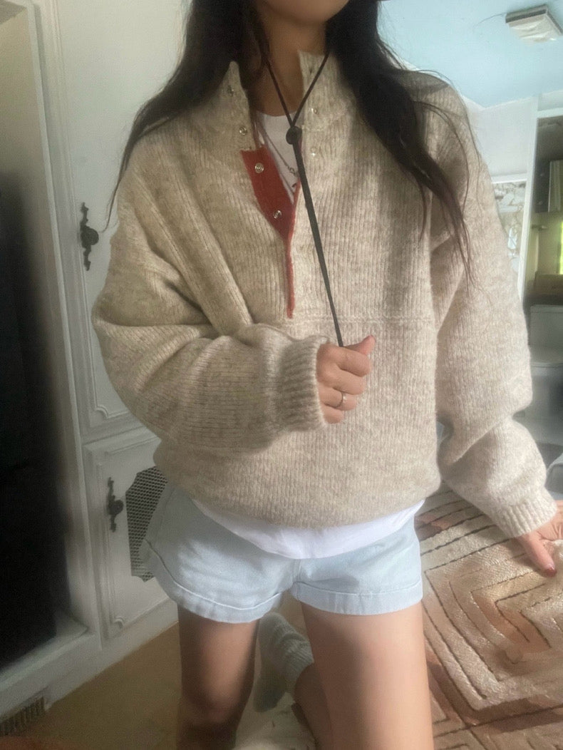 Retro Stand Collar Concealed Button Casual Sweater