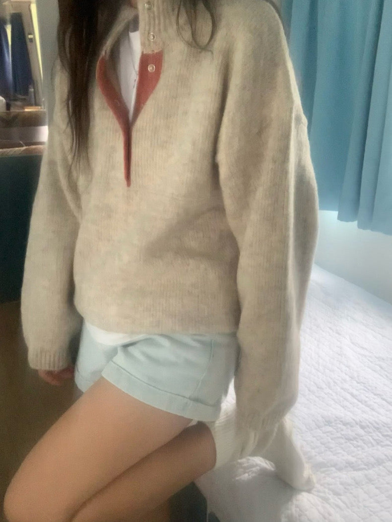 Retro Stand Collar Concealed Button Casual Sweater