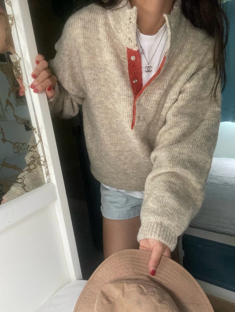 Retro Stand Collar Concealed Button Casual Sweater