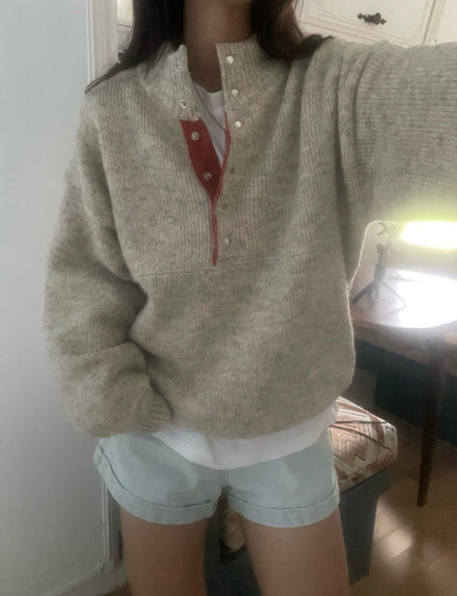 Retro Stand Collar Concealed Button Casual Sweater