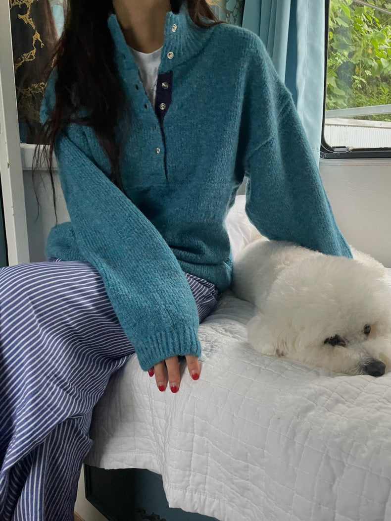 Retro Stand Collar Concealed Button Casual Sweater