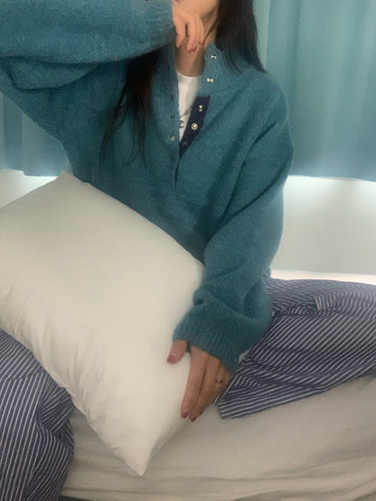 Retro Stand Collar Concealed Button Casual Sweater