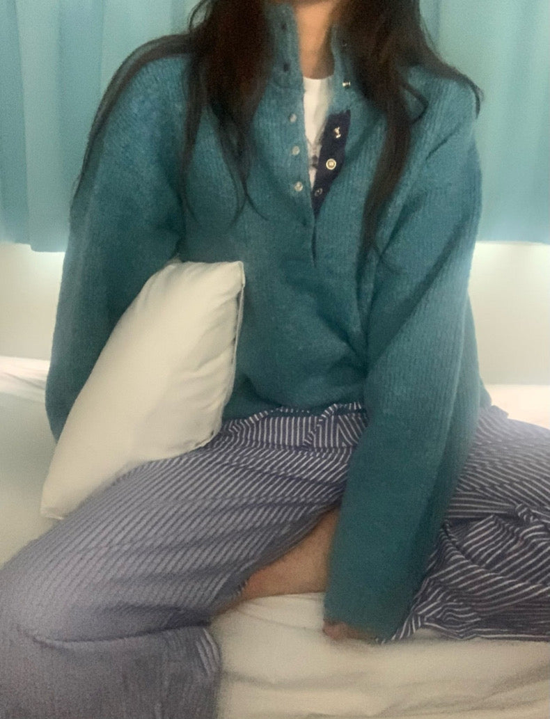 Retro Stand Collar Concealed Button Casual Sweater