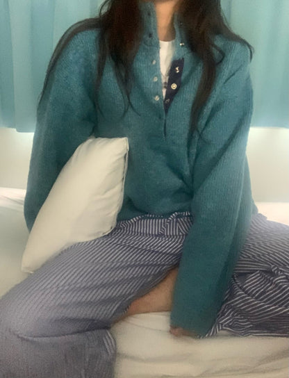 Retro Stand Collar Concealed Button Casual Sweater