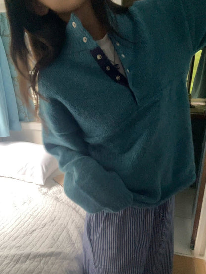 Retro Stand Collar Concealed Button Casual Sweater