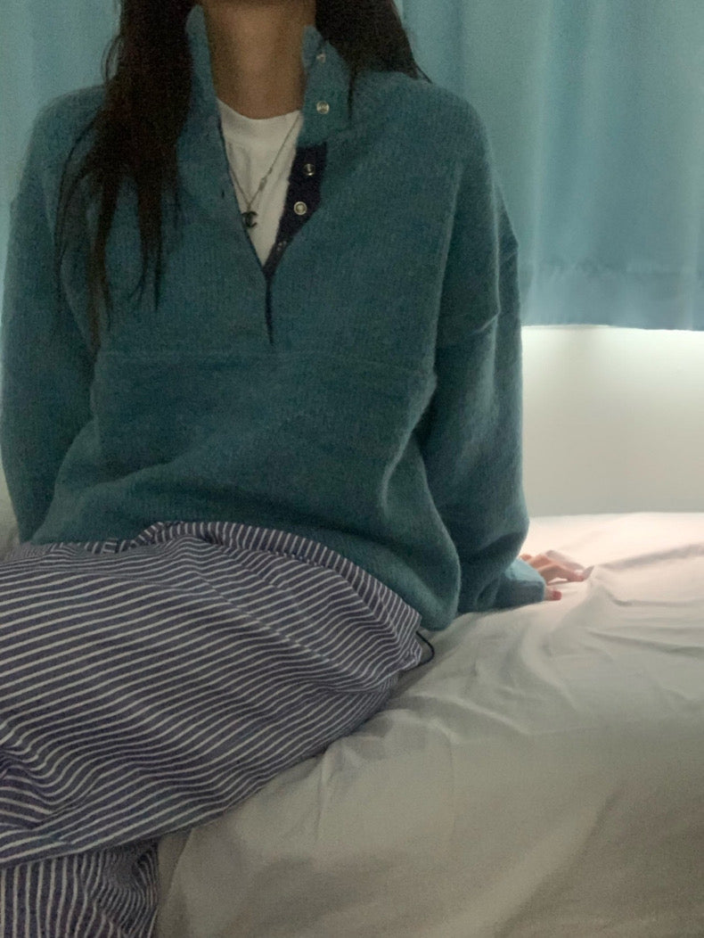 Retro Stand Collar Concealed Button Casual Sweater