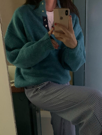 Retro Stand Collar Concealed Button Casual Sweater