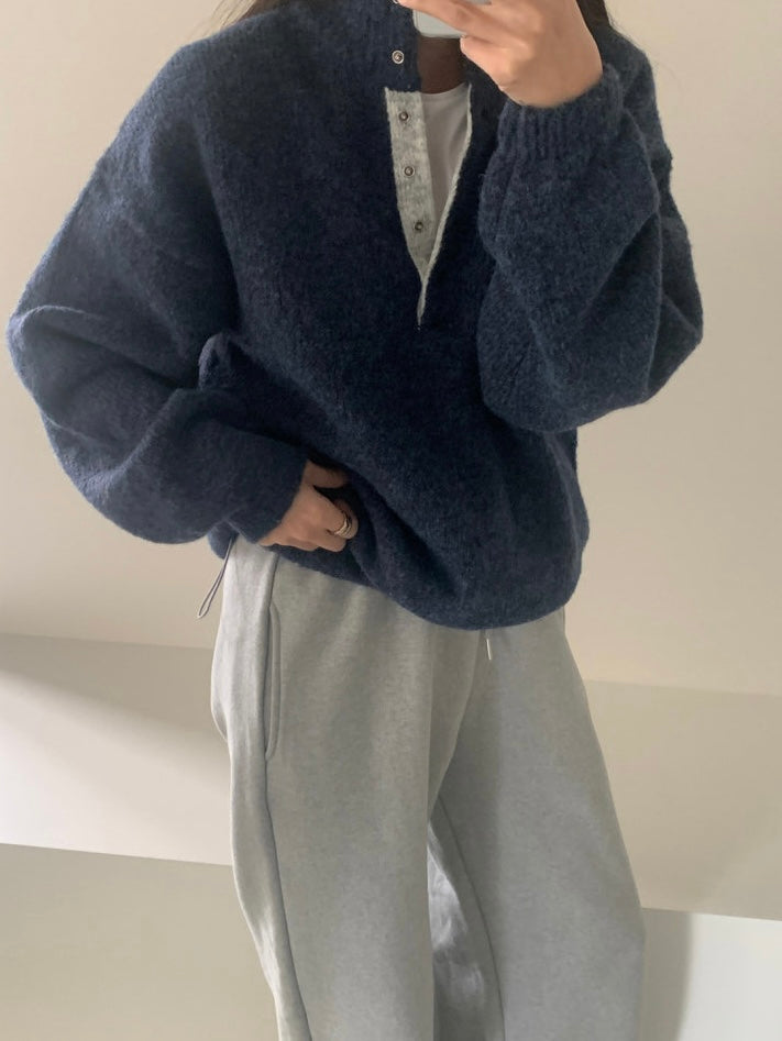 Retro Stand Collar Concealed Button Casual Sweater