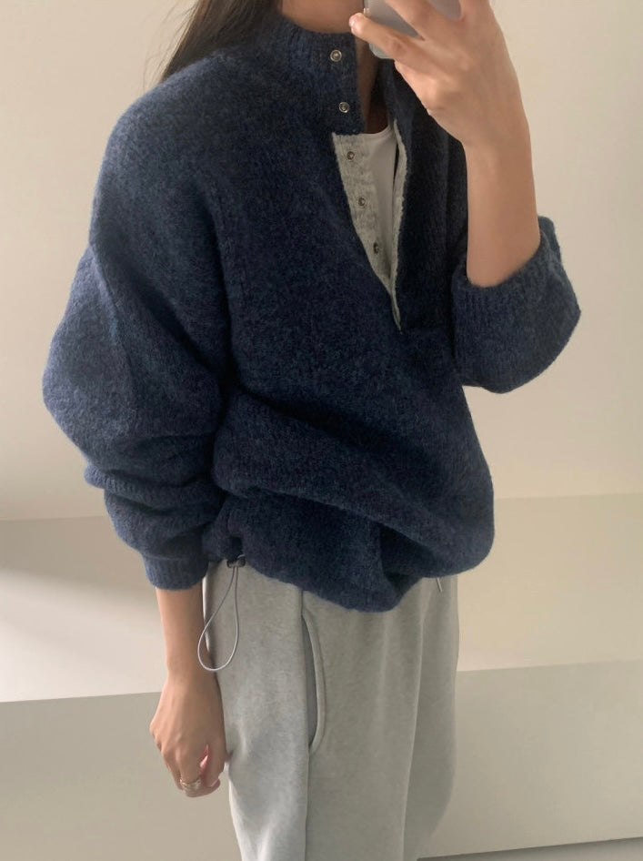 Retro Stand Collar Concealed Button Casual Sweater