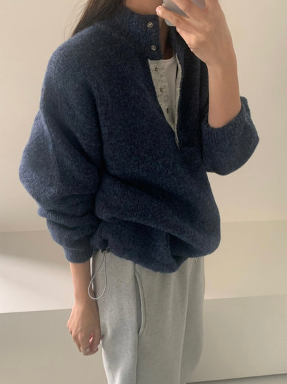 Retro Stand Collar Concealed Button Casual Sweater