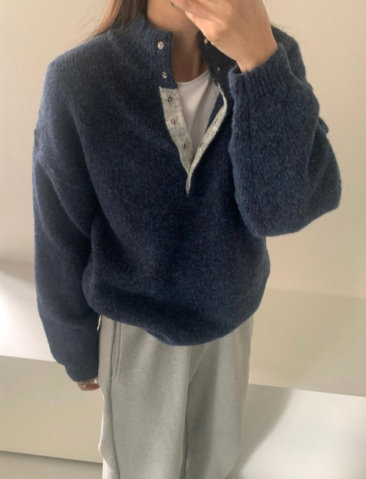 Retro Stand Collar Concealed Button Casual Sweater