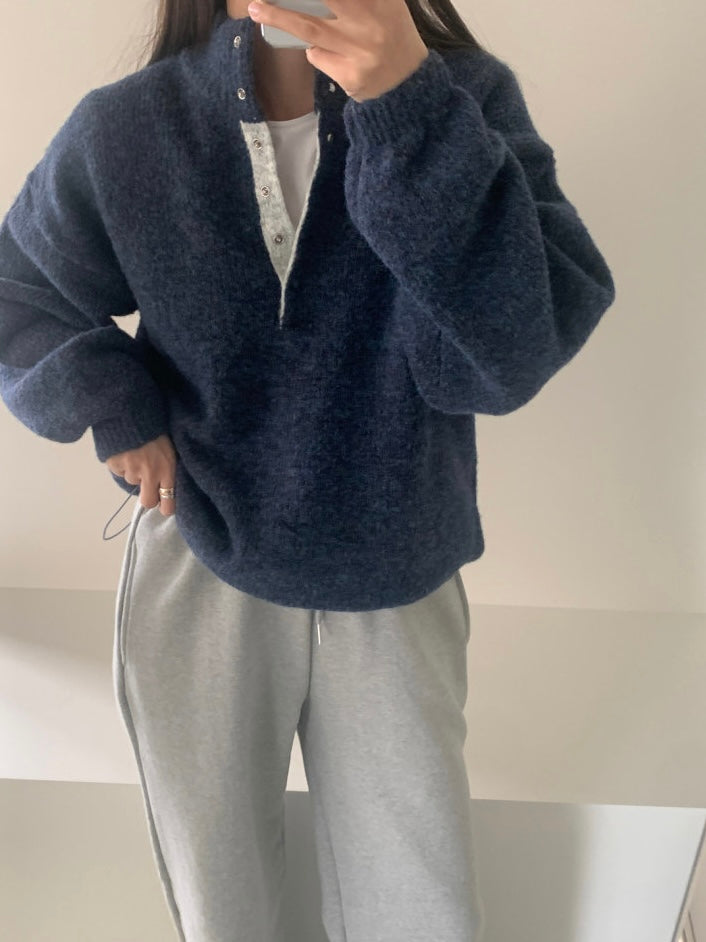 Retro Stand Collar Concealed Button Casual Sweater