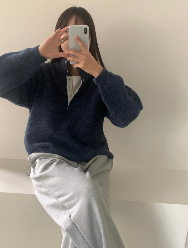 Retro Stand Collar Concealed Button Casual Sweater