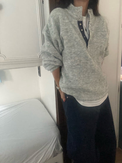 Retro Stand Collar Concealed Button Casual Sweater