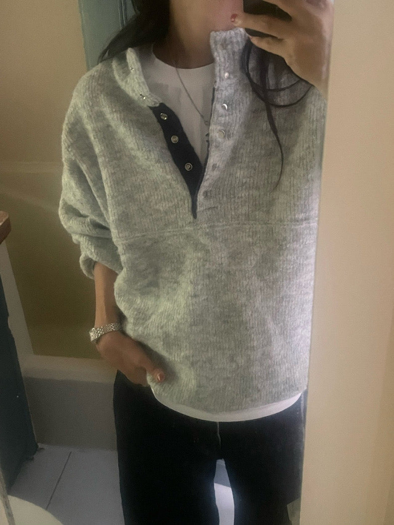 Retro Stand Collar Concealed Button Casual Sweater