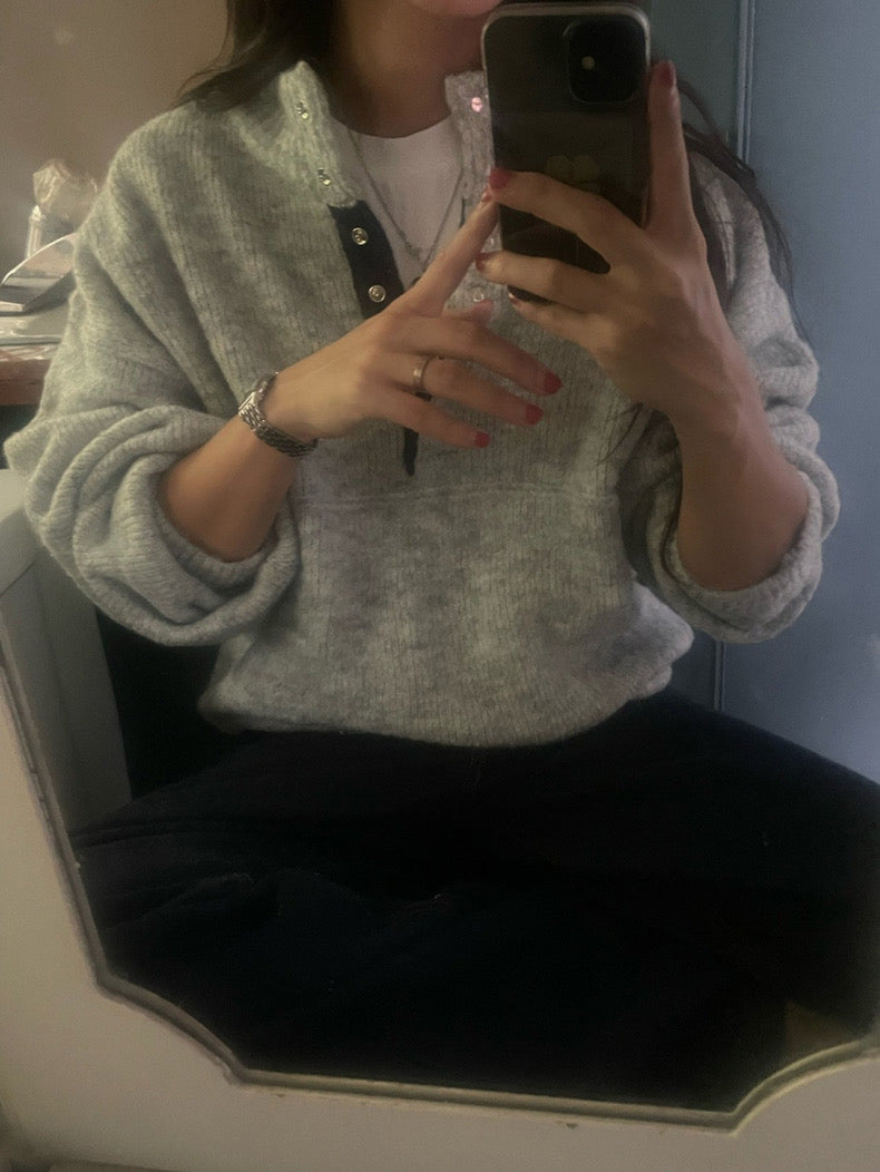 Retro Stand Collar Concealed Button Casual Sweater