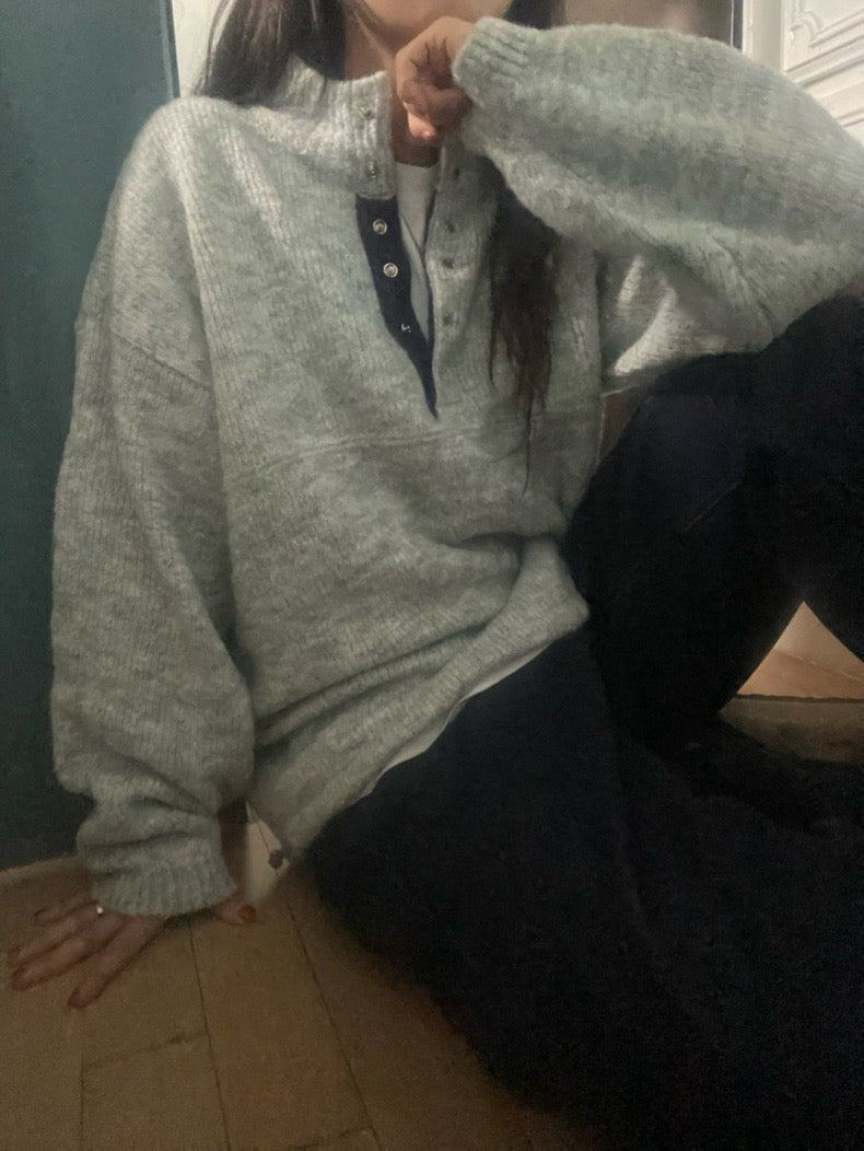 Retro Stand Collar Concealed Button Casual Sweater