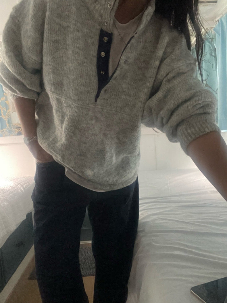 Retro Stand Collar Concealed Button Casual Sweater