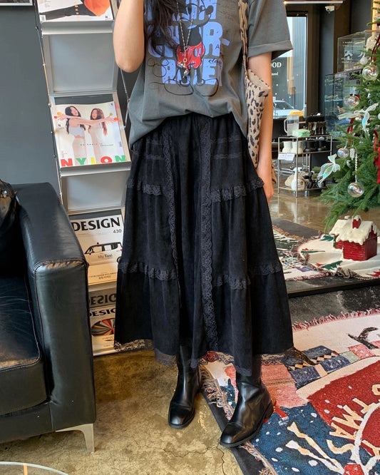 鹿皮絨拼接蕾絲花邊半身裙