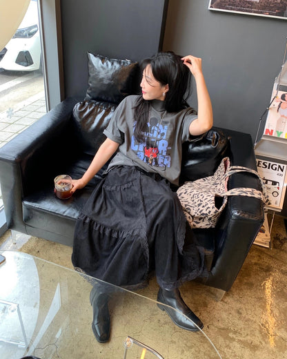 Suede Patchwork Lace Trim Skirt