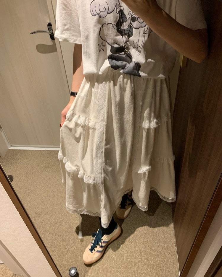 Suede Patchwork Lace Trim Skirt