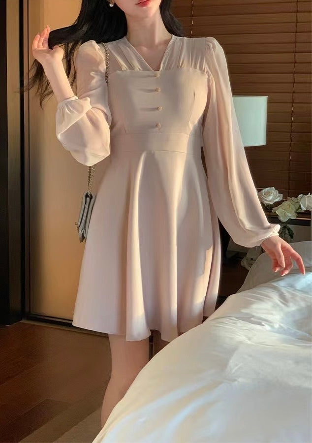 V-neck Single-breasted Mesh Panel Dress