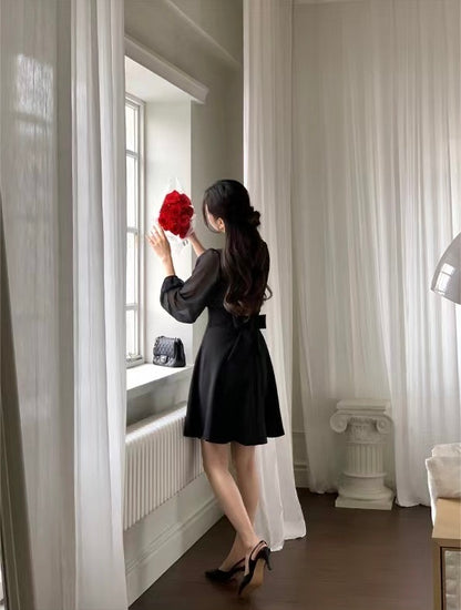 V-neck Single-breasted Mesh Panel Dress