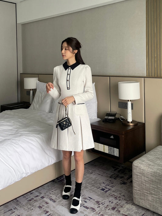 シャネル風プリーツ襟付きワンピース