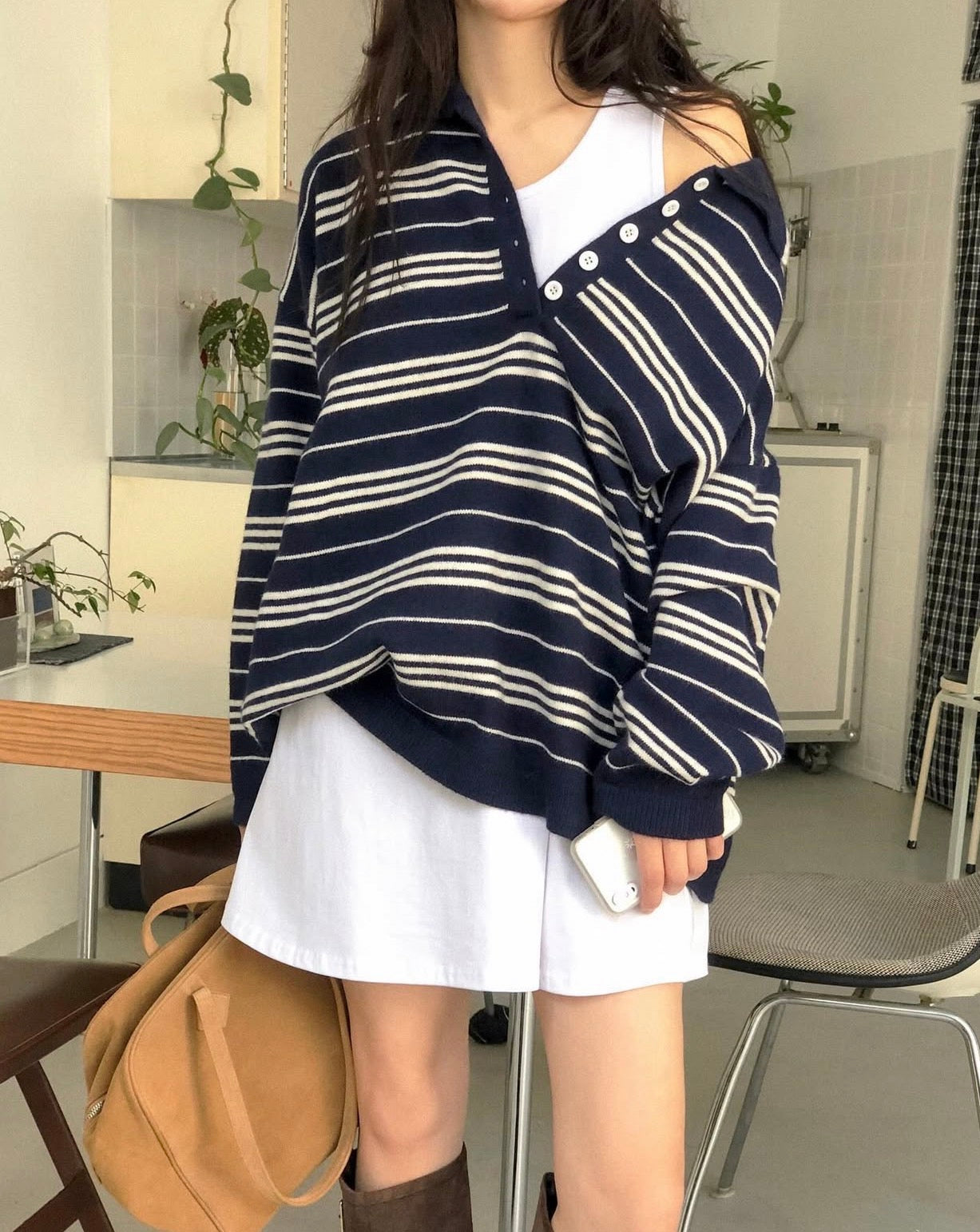 翻領慵懶條紋寬鬆針織