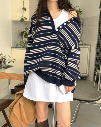 翻領慵懶條紋寬鬆針織