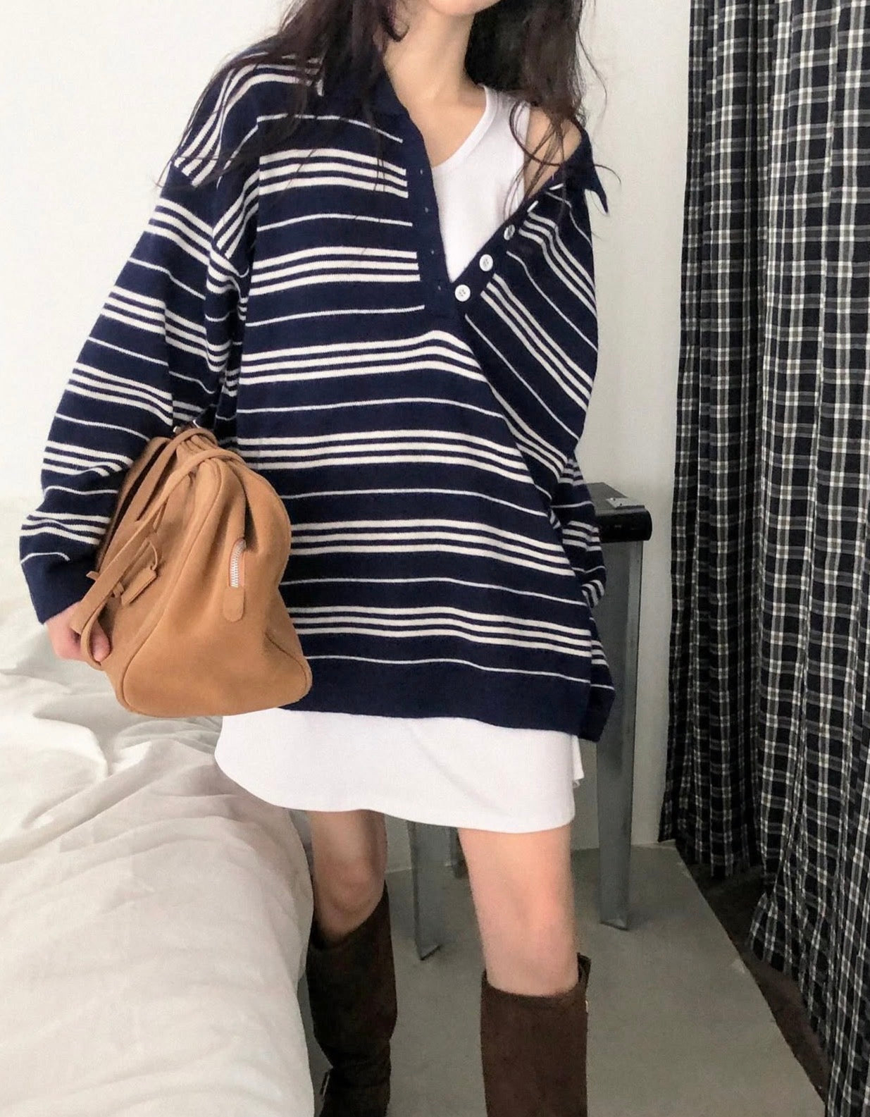 翻領慵懶條紋寬鬆針織