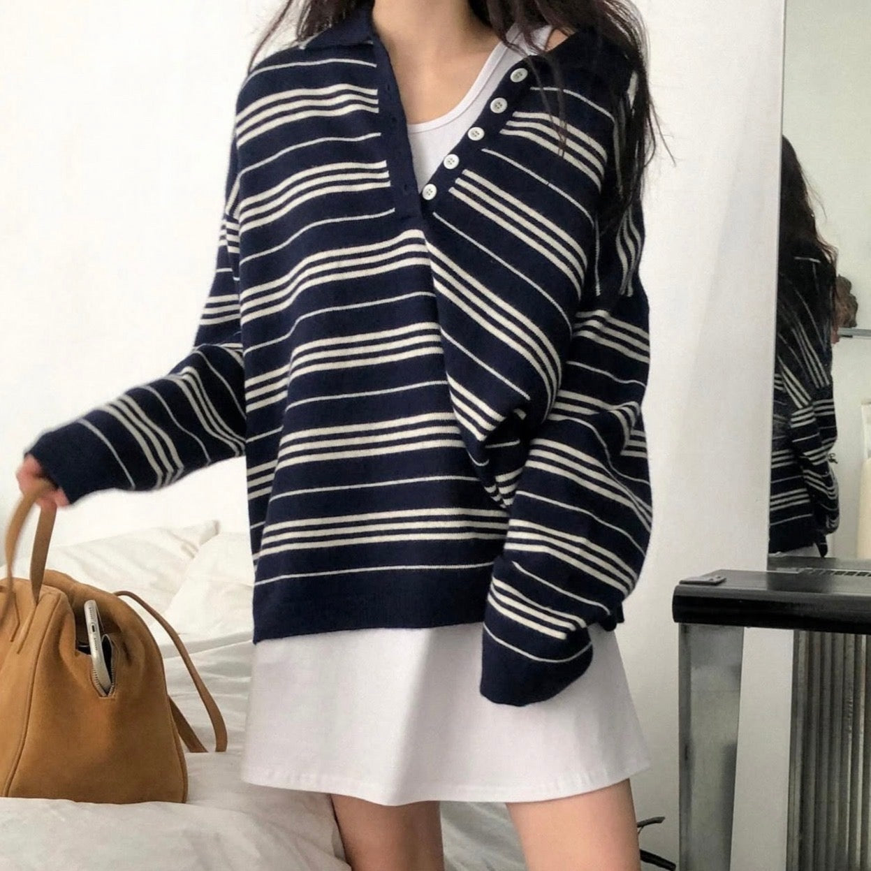 翻領慵懶條紋寬鬆針織