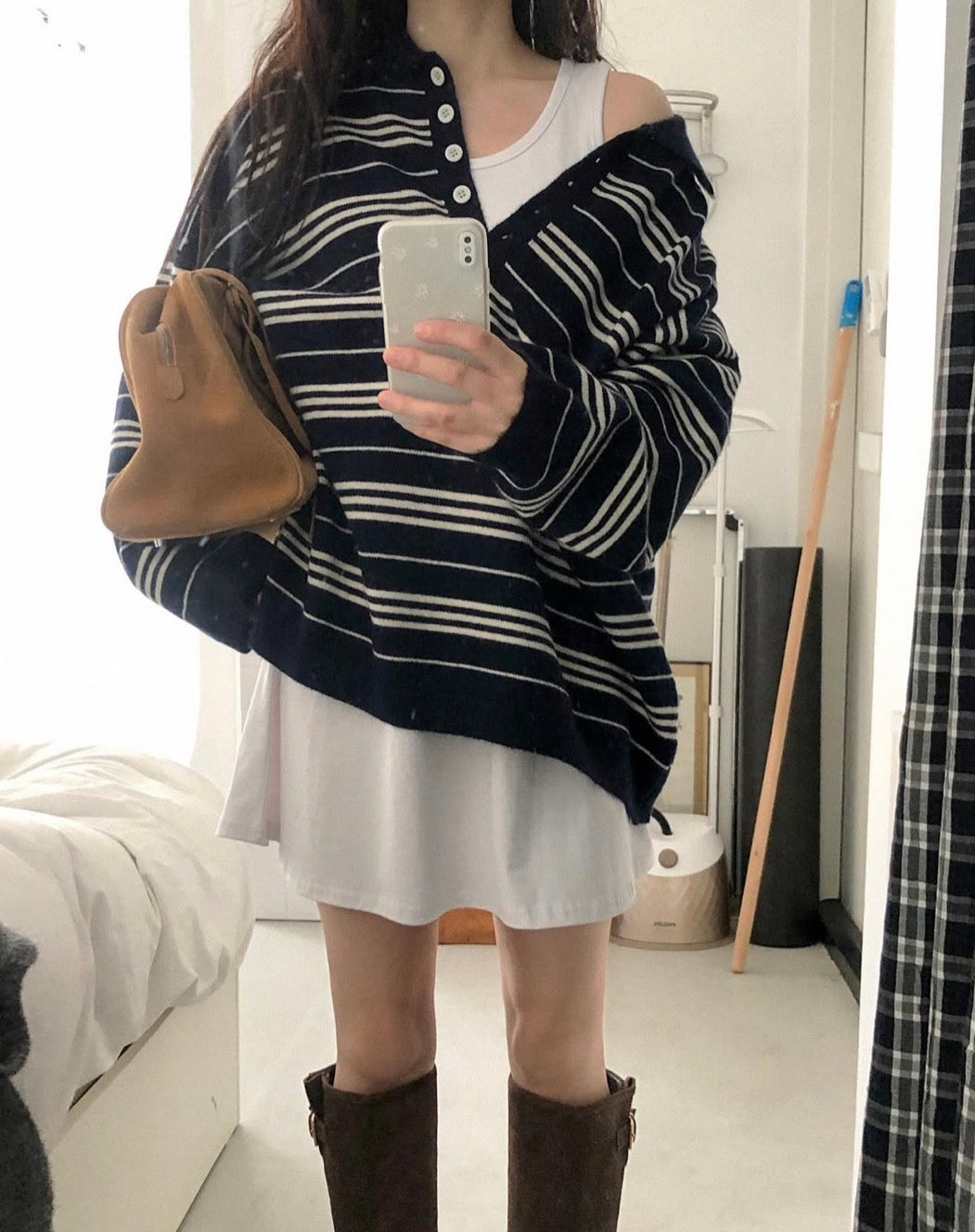 翻領慵懶條紋寬鬆針織