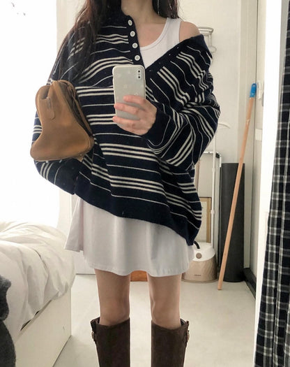 翻領慵懶條紋寬鬆針織