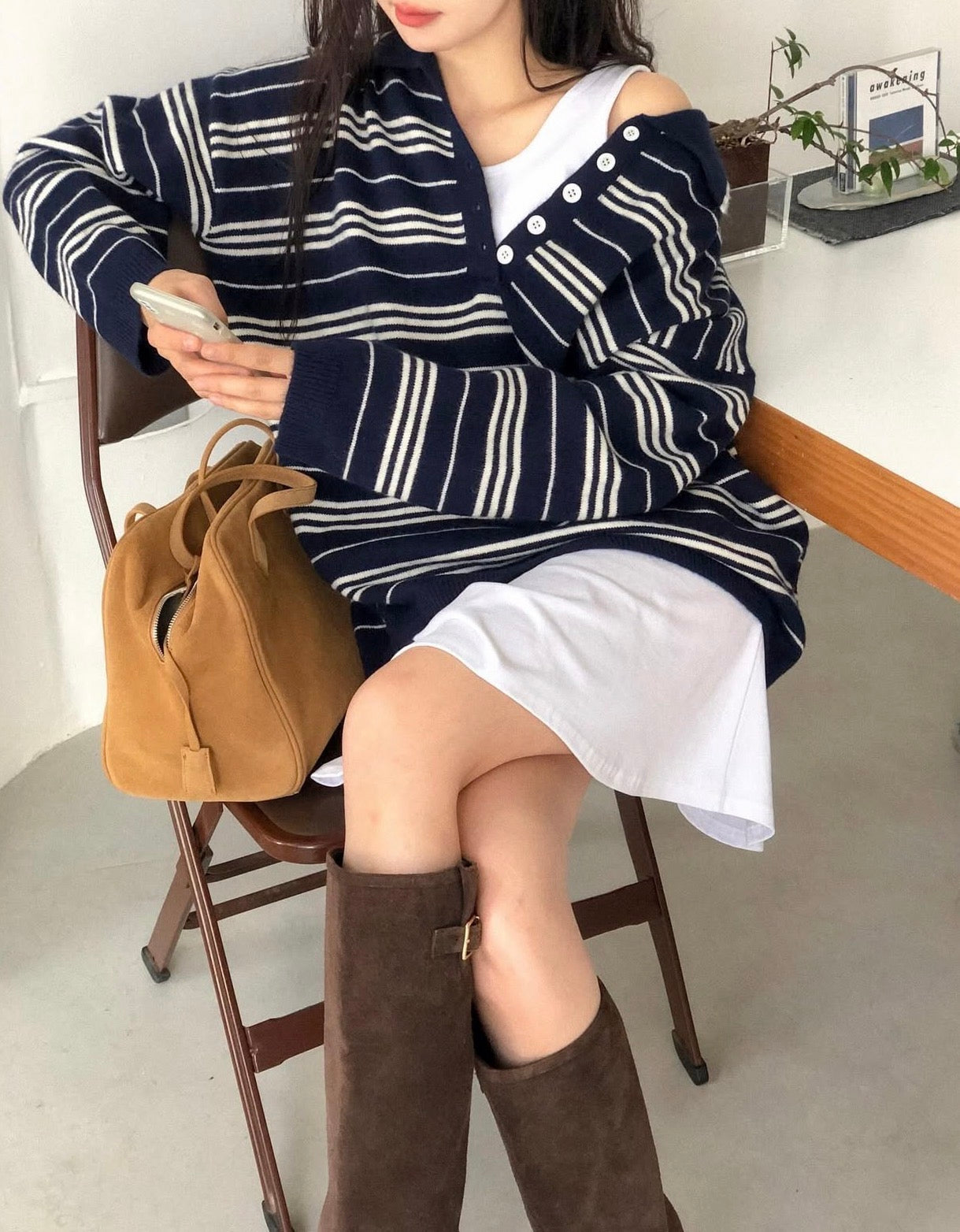 翻領慵懶條紋寬鬆針織