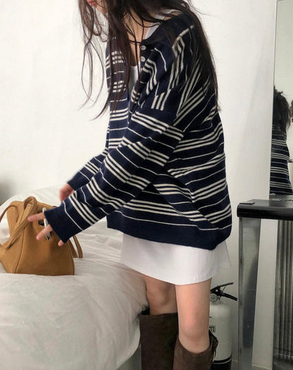翻領慵懶條紋寬鬆針織