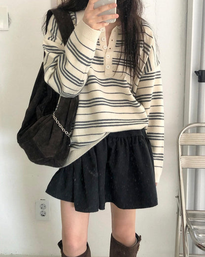 翻領慵懶條紋寬鬆針織
