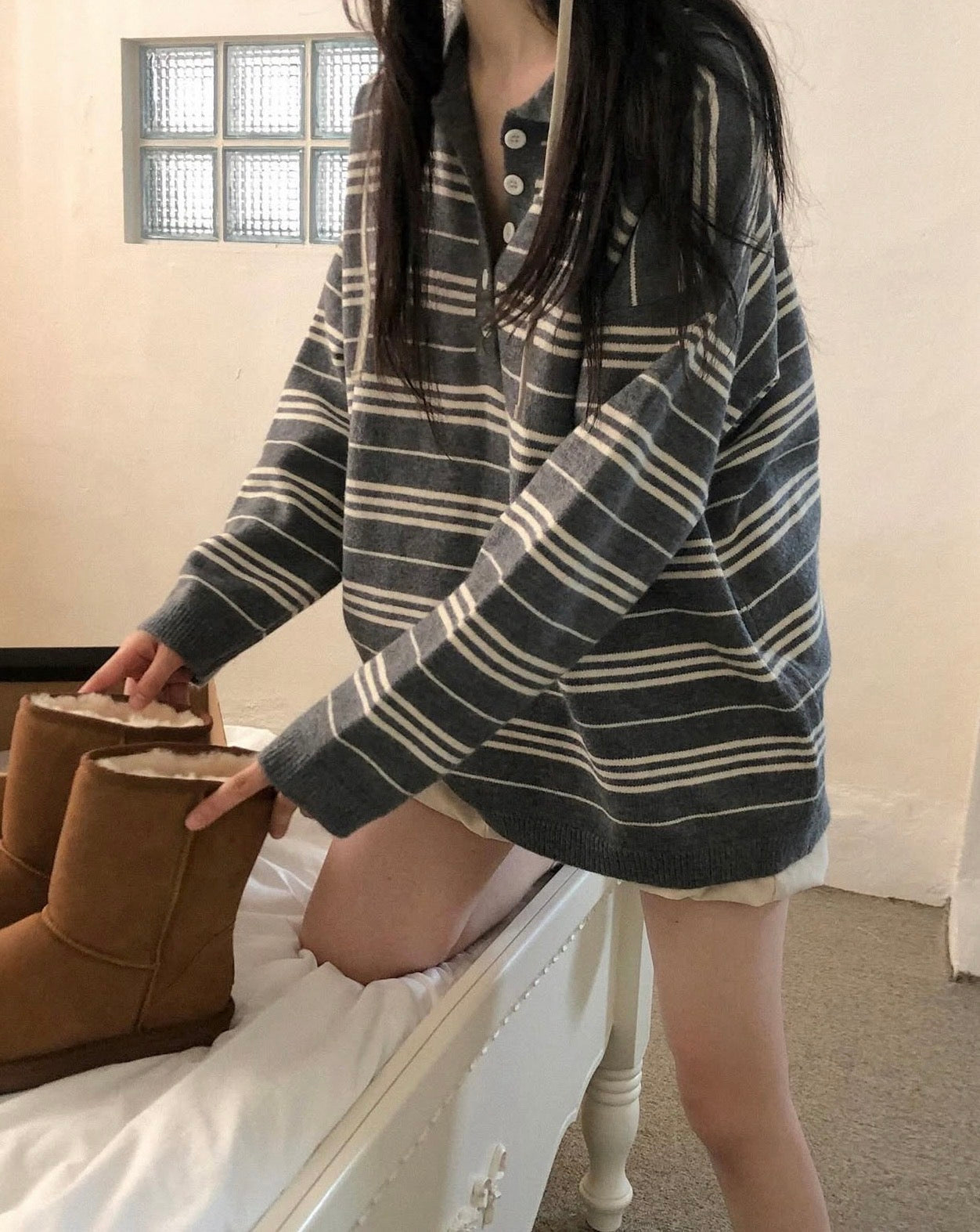 翻領慵懶條紋寬鬆針織