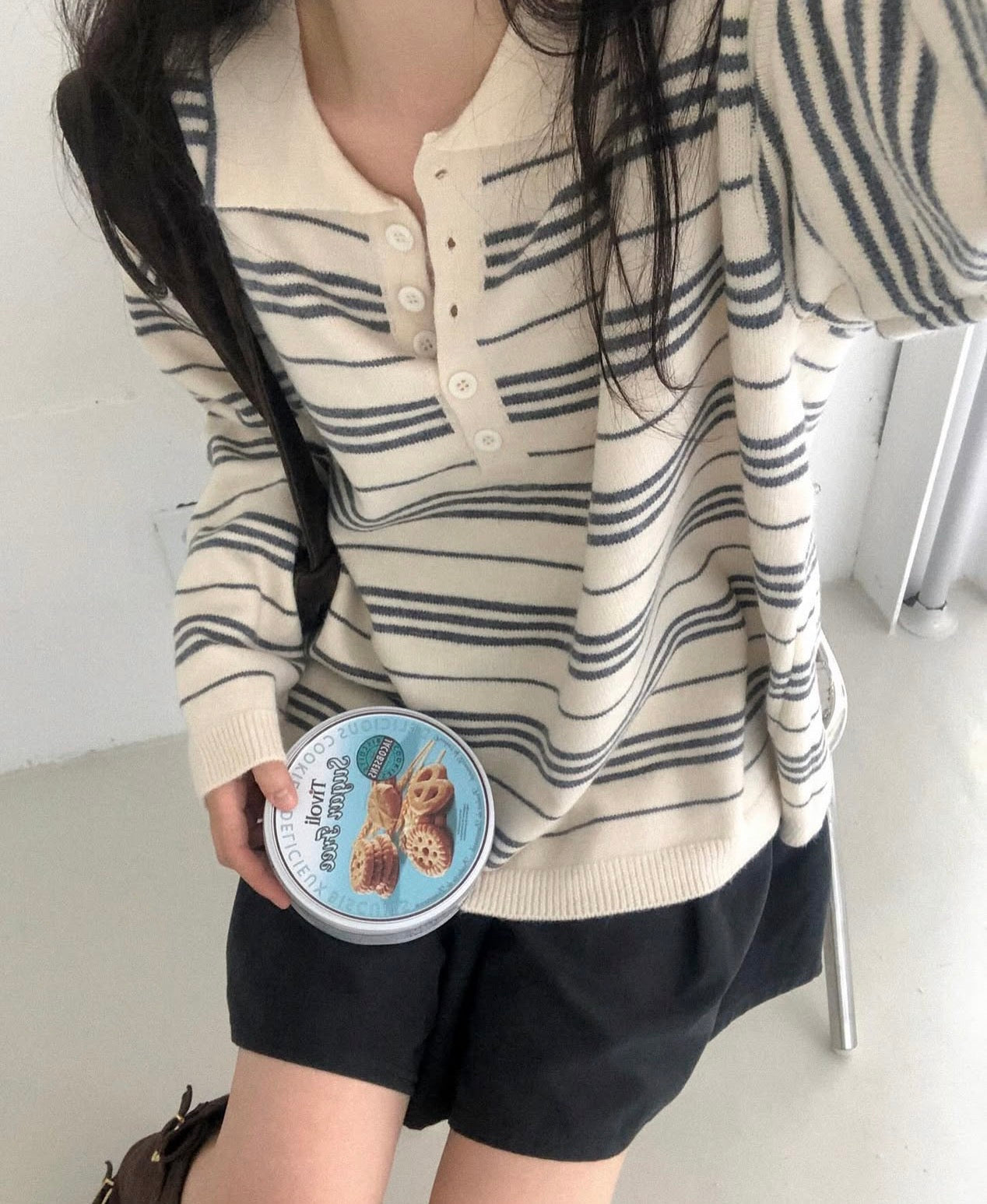 翻領慵懶條紋寬鬆針織