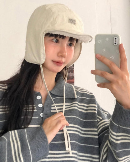 翻領慵懶條紋寬鬆針織