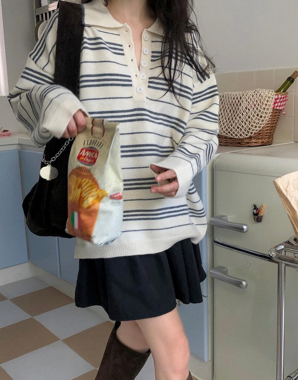 翻領慵懶條紋寬鬆針織