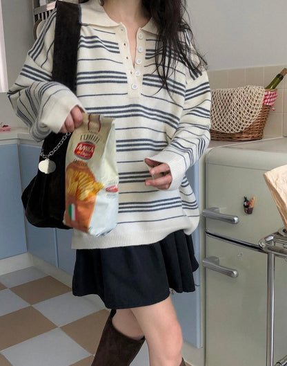 翻領慵懶條紋寬鬆針織