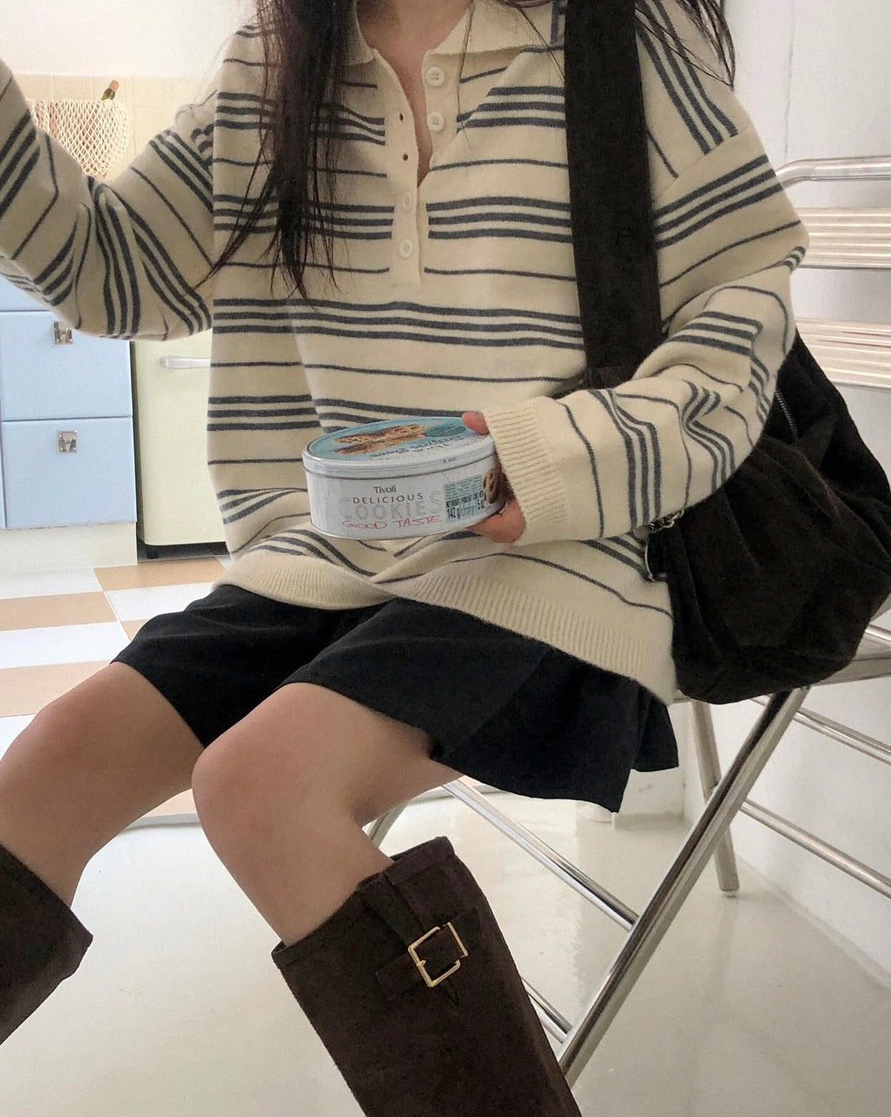 翻領慵懶條紋寬鬆針織