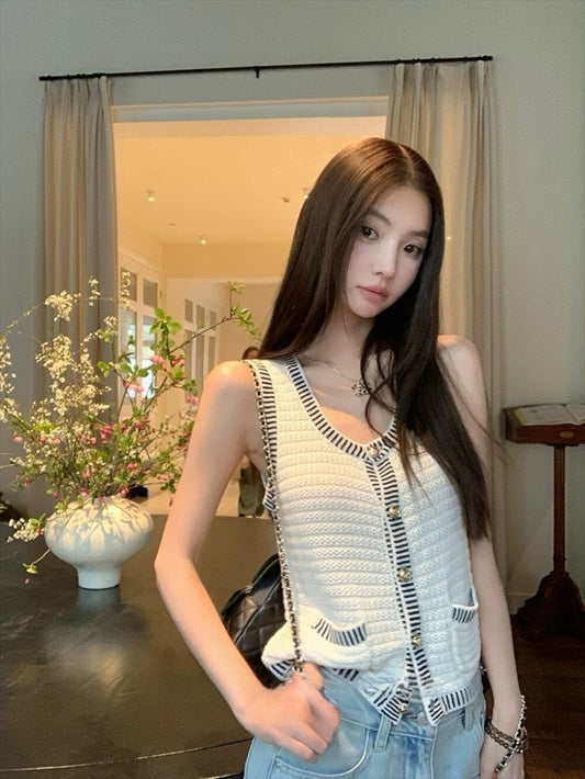 French Vintage Tweed Knit Cardigan Vest