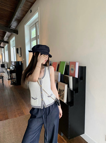 法式復古針織開衫背心