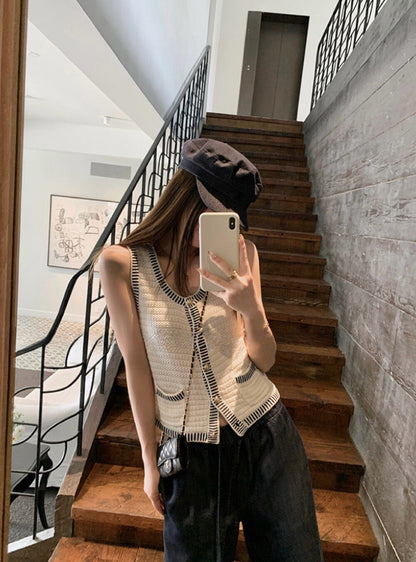 法式復古針織開衫背心